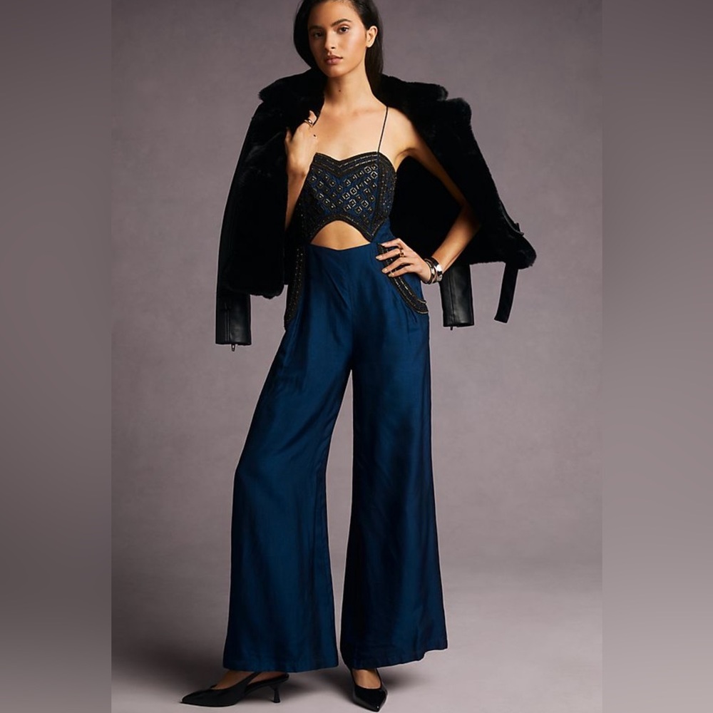 Anthropologie navy beaded jumpsuit size medium NWT